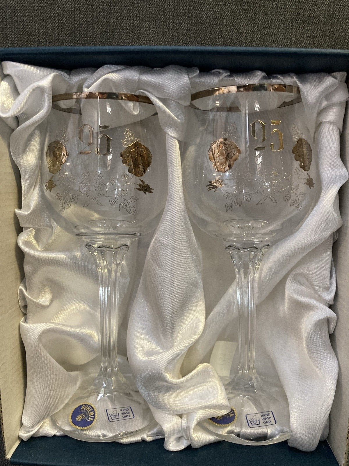 Bohemia Crystalex 25th Anniversary Wine Glasses – Gift Boxed Pair – Unused