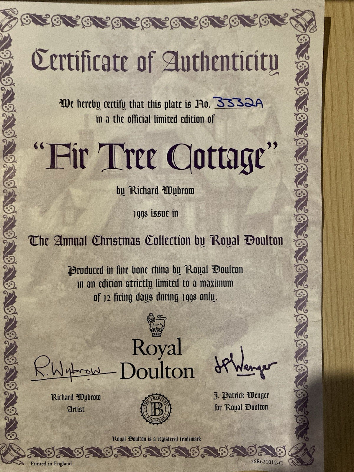 Royal Doulton Fir Tree Cottage 1998 Christmas Plate Box & COA Bradford Exchange