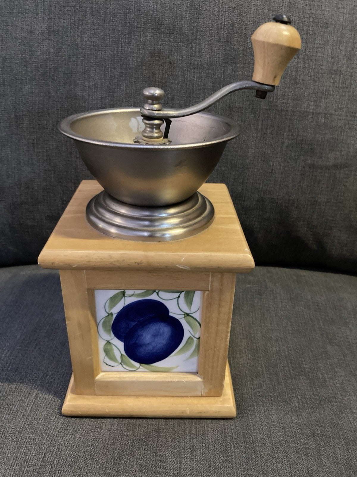 David Birch Vintage Coffee Grinder – Wooden Body, Metal Bowl & Crank, Fruit Tile