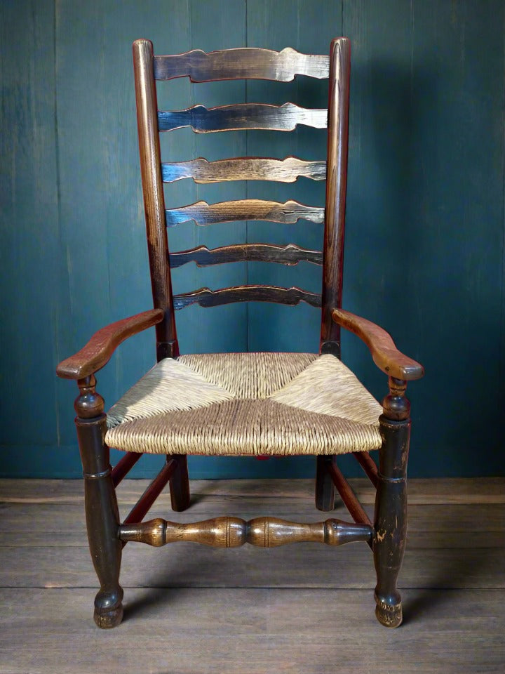 Antique Georgian Period Elm Ladderback Fireside Armchair with Rush Seat, c.1800.