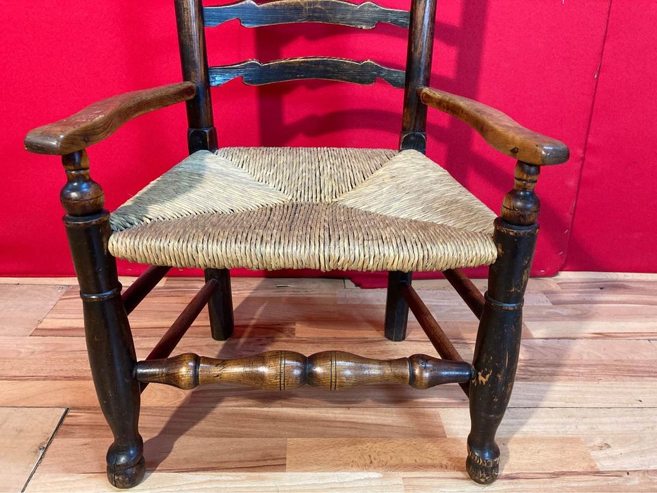 Antique Georgian Period Elm Ladderback Fireside Armchair with Rush Seat, c.1800.