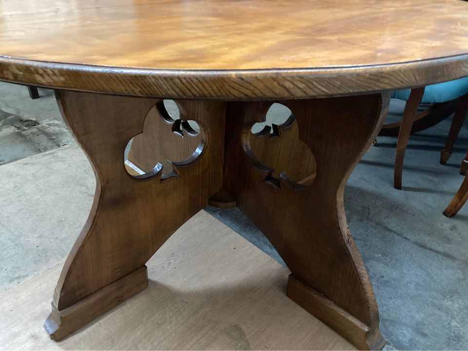 large vintage solid wood card table with carved club design - man cave - dining table