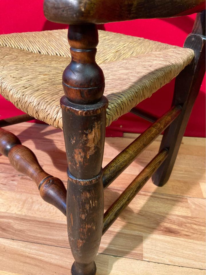Antique Georgian Period Elm Ladderback Fireside Armchair with Rush Seat, c.1800.