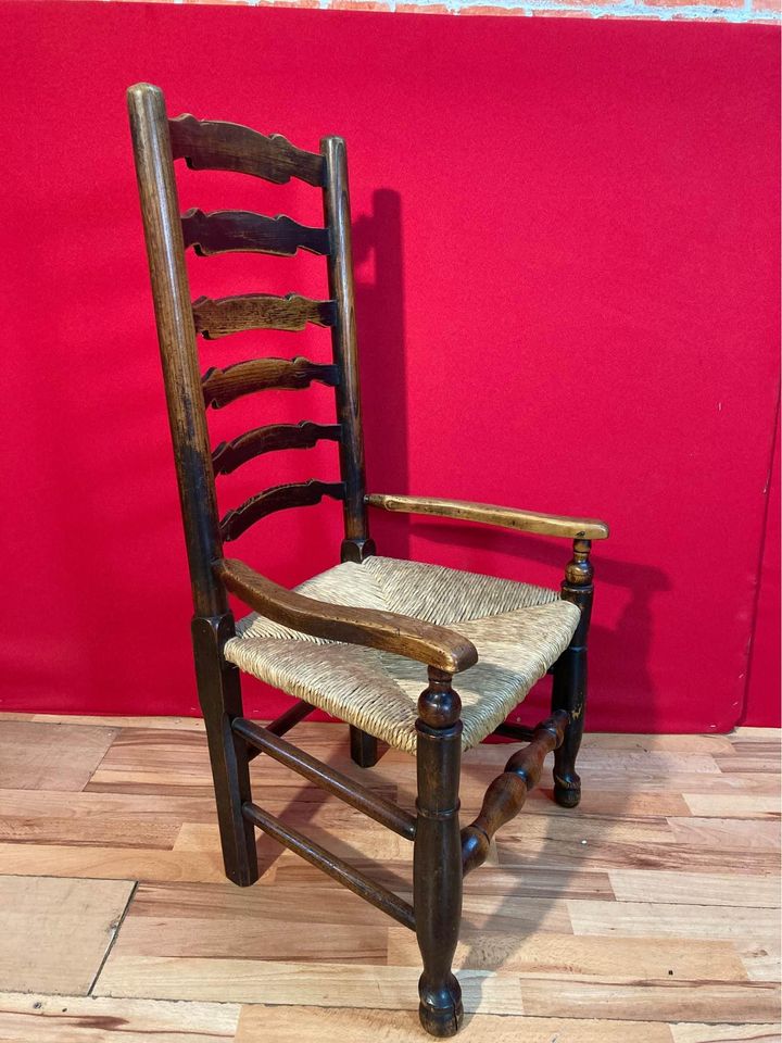 Antique Georgian Period Elm Ladderback Fireside Armchair with Rush Seat, c.1800.