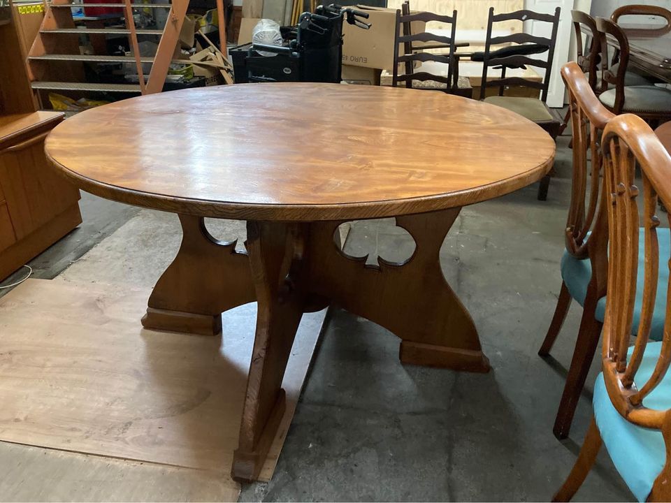 large vintage solid wood card table with carved club design - man cave - dining table