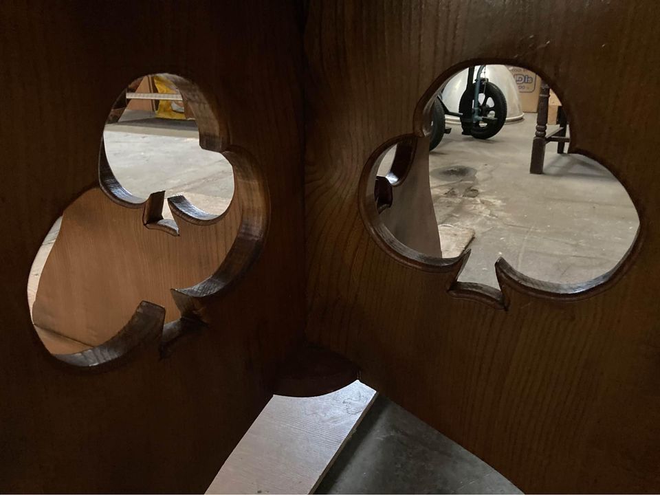 large vintage solid wood card table with carved club design - man cave - dining table