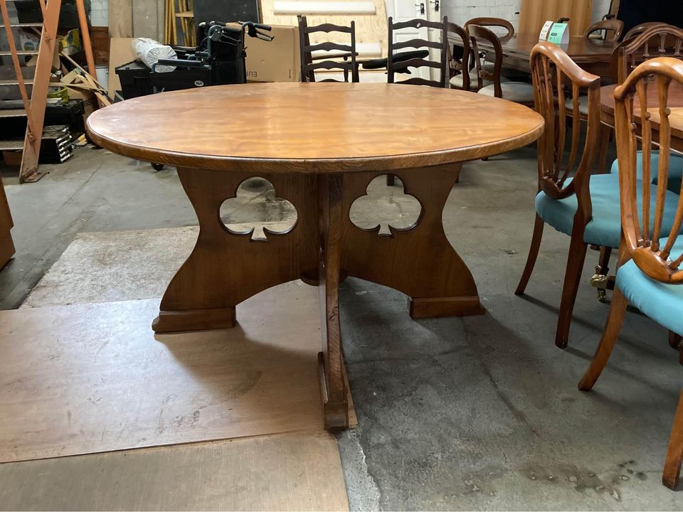 large vintage solid wood card table with carved club design - man cave - dining table