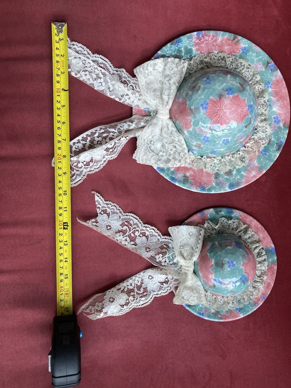 Park Rose Ceramic Hat Wall Plaques – Vintage Floral Pair with Lace Ribbon