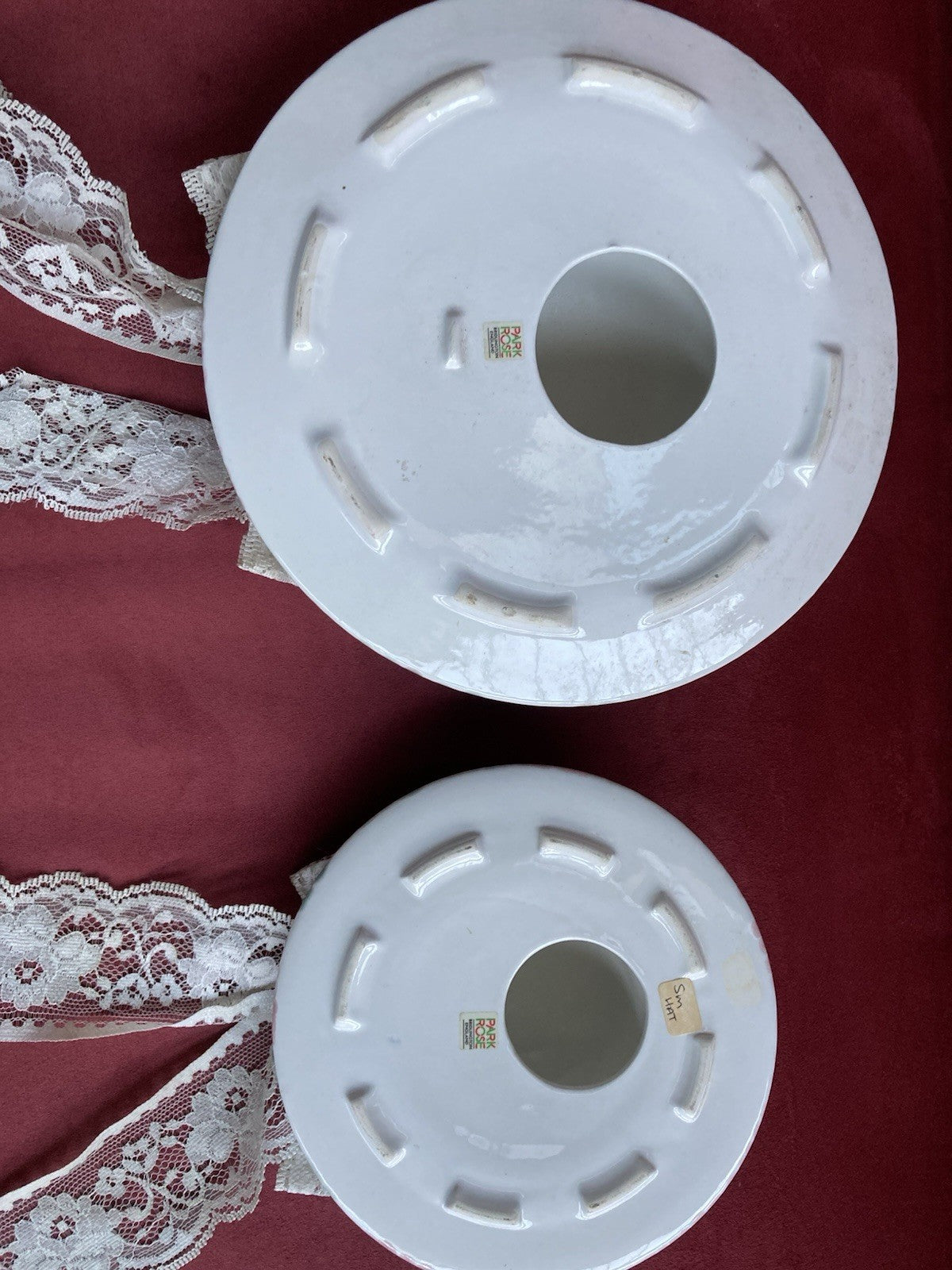 Park Rose Ceramic Hat Wall Plaques – Vintage Floral Pair with Lace Ribbon