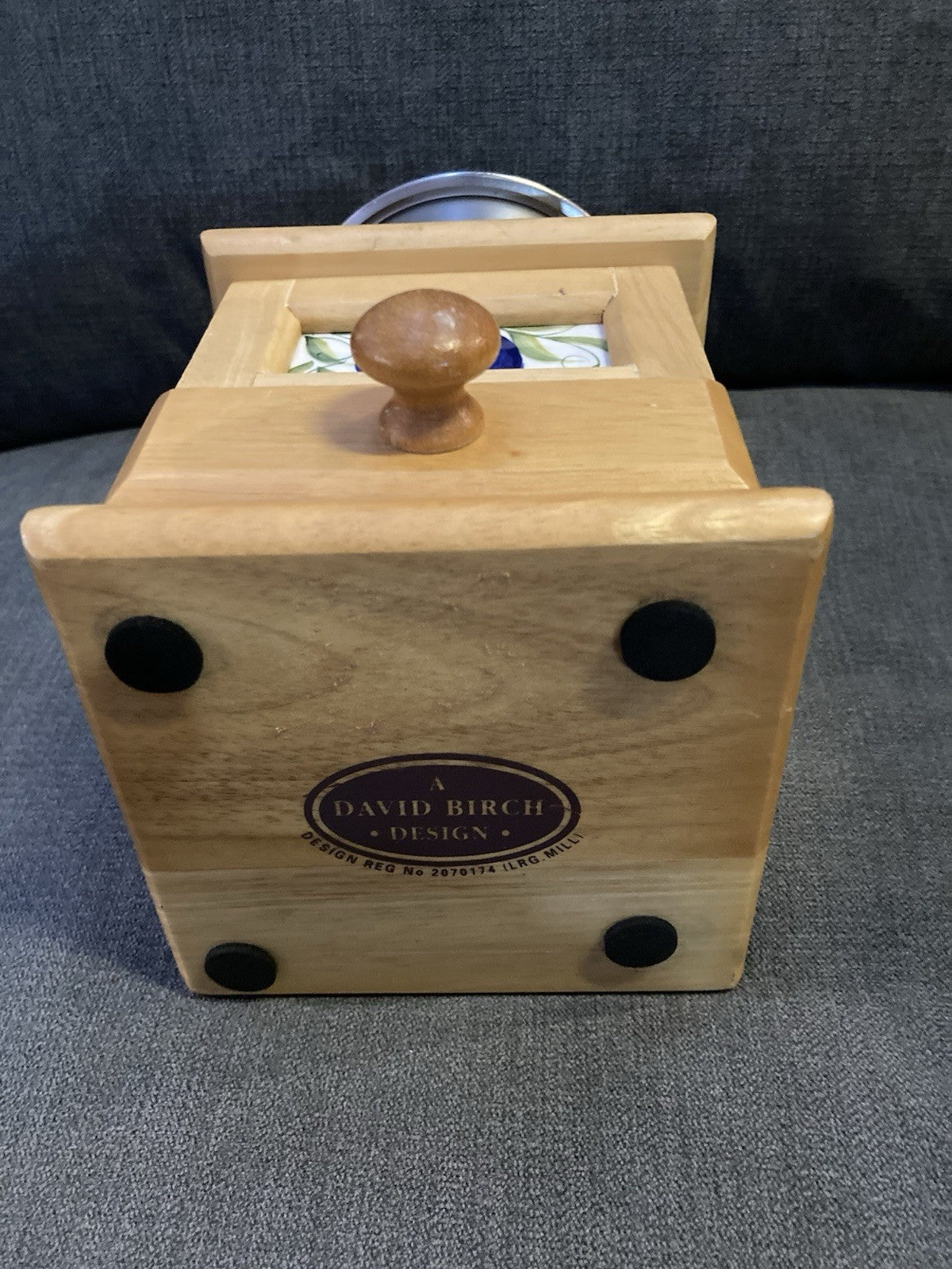 David Birch Vintage Coffee Grinder – Wooden Body, Metal Bowl & Crank, Fruit Tile