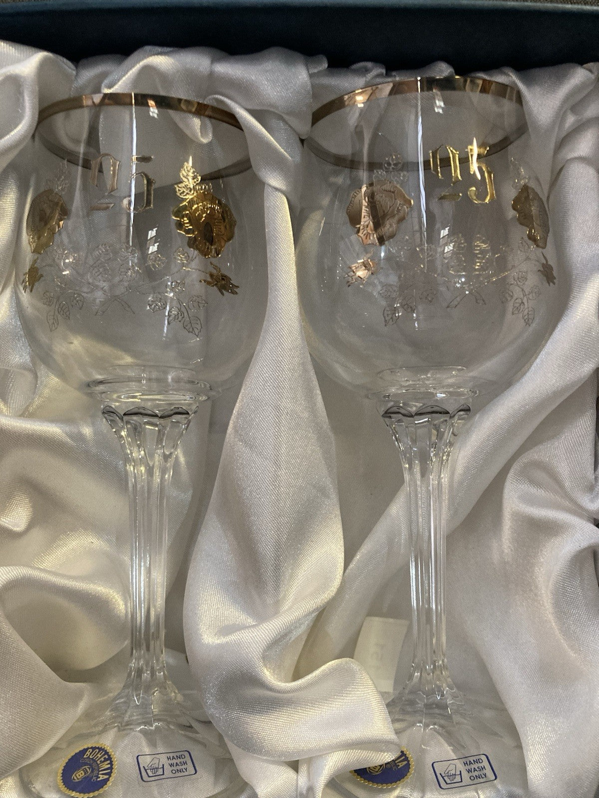 Bohemia Crystalex 25th Anniversary Wine Glasses – Gift Boxed Pair – Unused