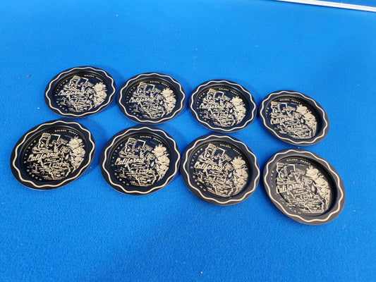 Vintage California Souvenir Tin Coasters -Set of 8 - 1960s/1970s "Golden Poppy"