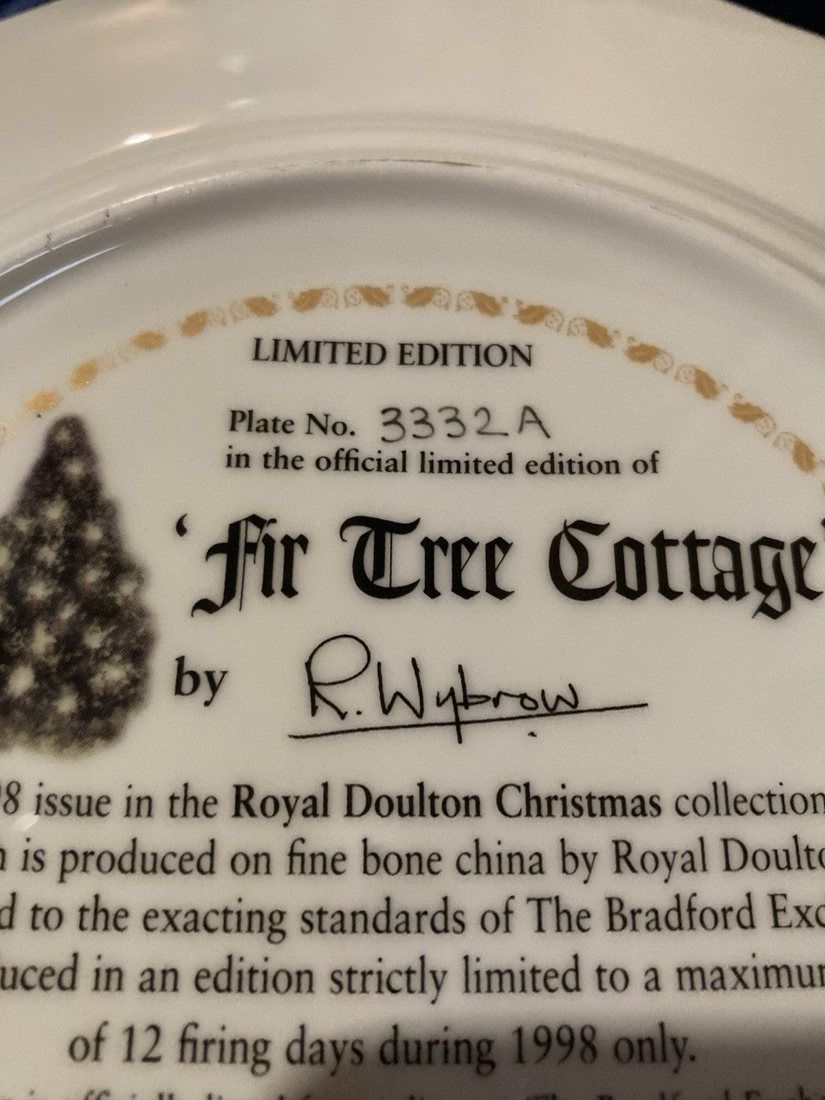 Royal Doulton Fir Tree Cottage 1998 Christmas Plate Box & COA Bradford Exchange