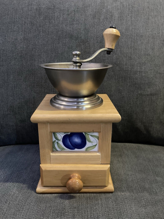 David Birch Vintage Coffee Grinder – Wooden Body, Metal Bowl & Crank, Fruit Tile