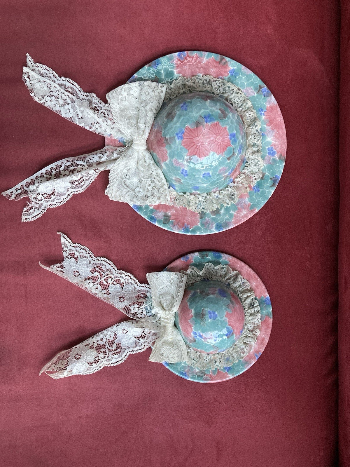 Park Rose Ceramic Hat Wall Plaques – Vintage Floral Pair with Lace Ribbon