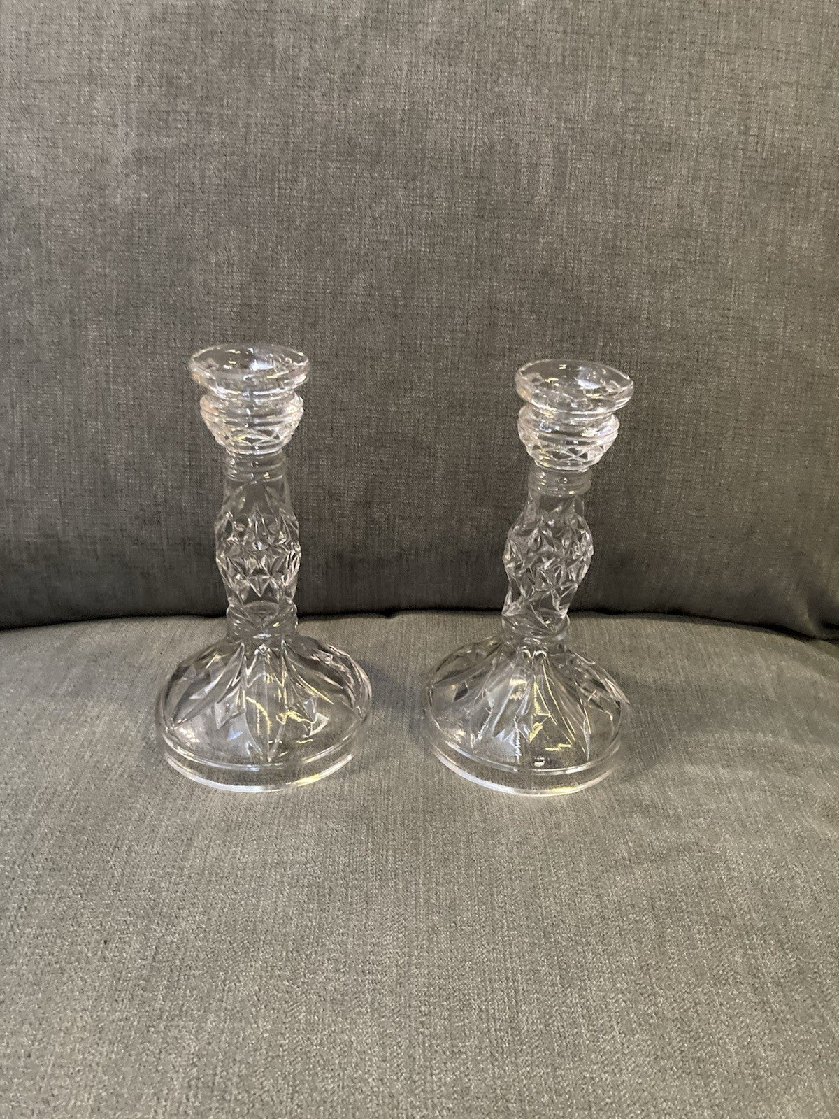 Vintage Sowerby Ellison Clear Pressed Glass Candlesticks Pair 1930s–1950s