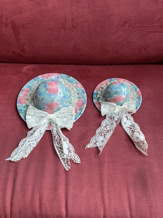 Park Rose Ceramic Hat Wall Plaques – Vintage Floral Pair with Lace Ribbon