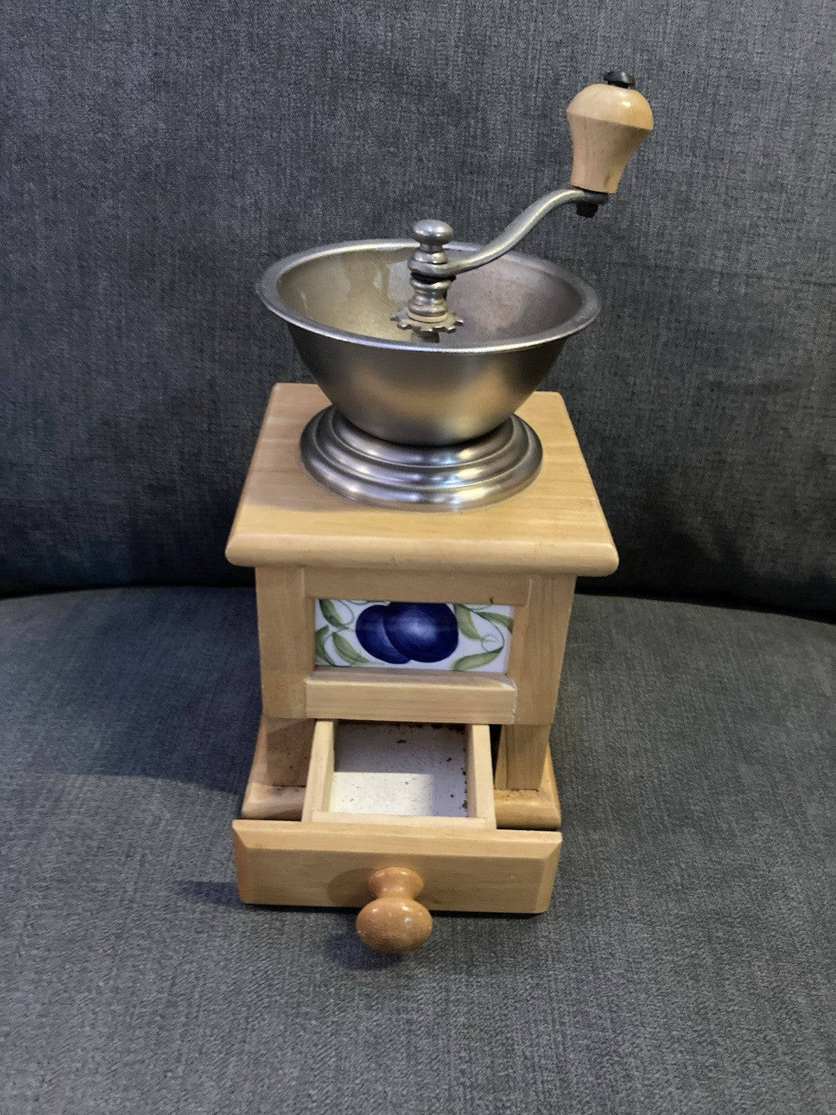 David Birch Vintage Coffee Grinder – Wooden Body, Metal Bowl & Crank, Fruit Tile