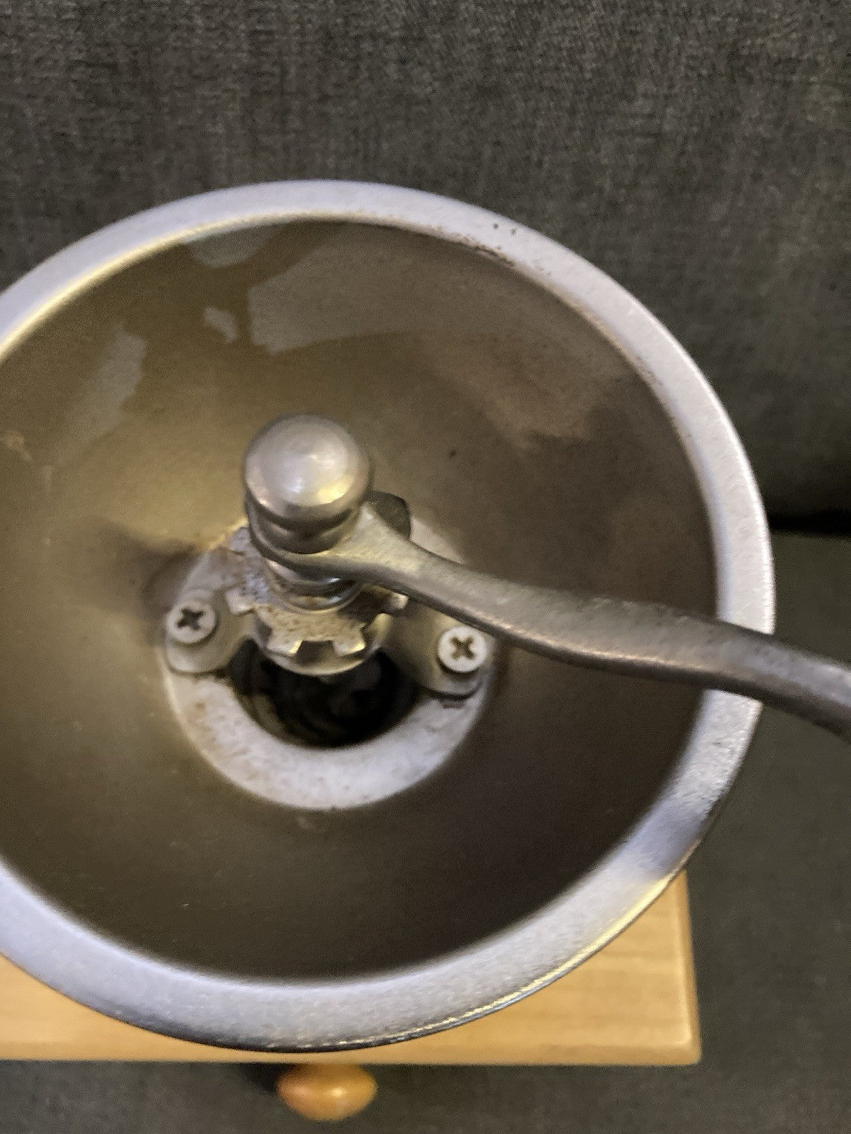 David Birch Vintage Coffee Grinder – Wooden Body, Metal Bowl & Crank, Fruit Tile