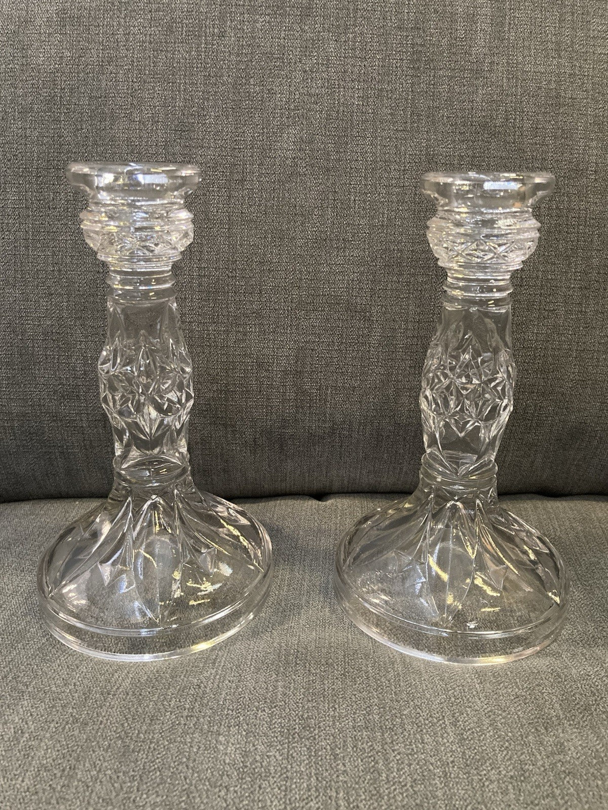 Vintage Sowerby Ellison Clear Pressed Glass Candlesticks Pair 1930s–1950s