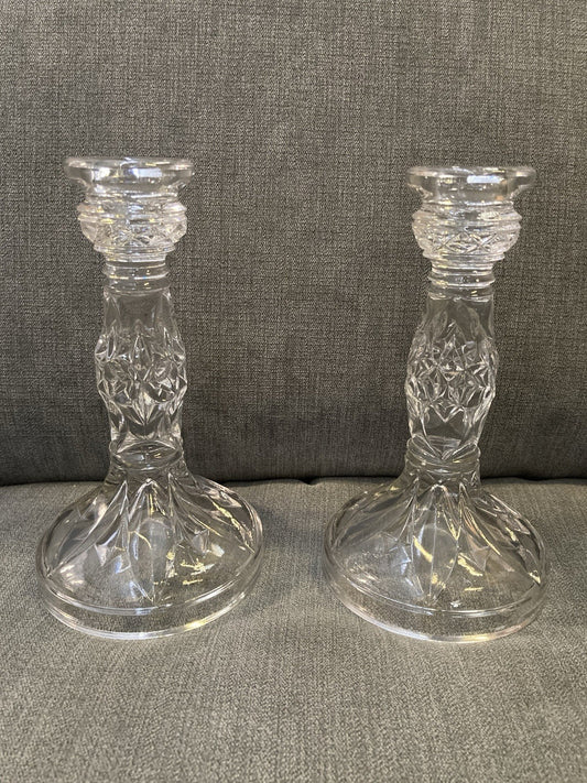 Vintage Sowerby Ellison Clear Pressed Glass Candlesticks Pair 1930s–1950s
