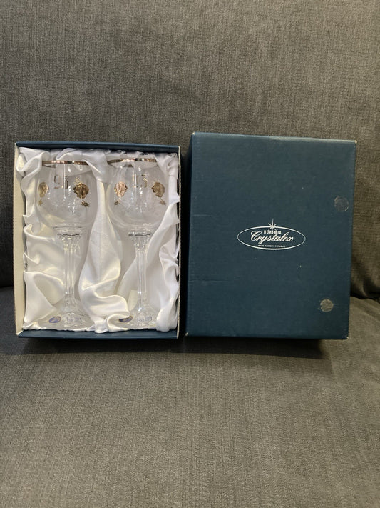 Bohemia Crystalex 25th Anniversary Wine Glasses – Gift Boxed Pair – Unused