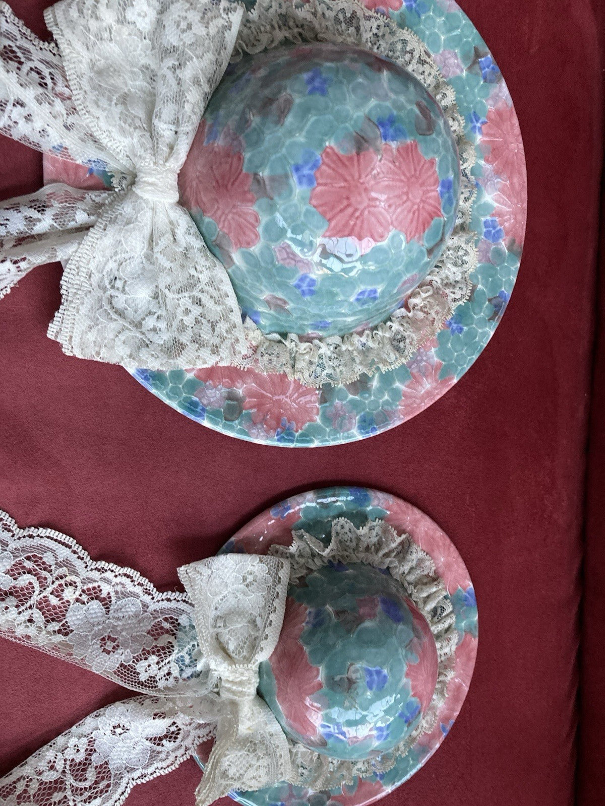 Park Rose Ceramic Hat Wall Plaques – Vintage Floral Pair with Lace Ribbon