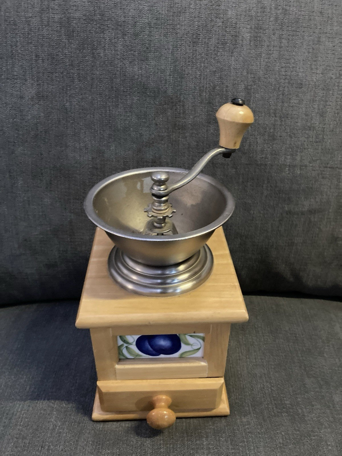 David Birch Vintage Coffee Grinder – Wooden Body, Metal Bowl & Crank, Fruit Tile