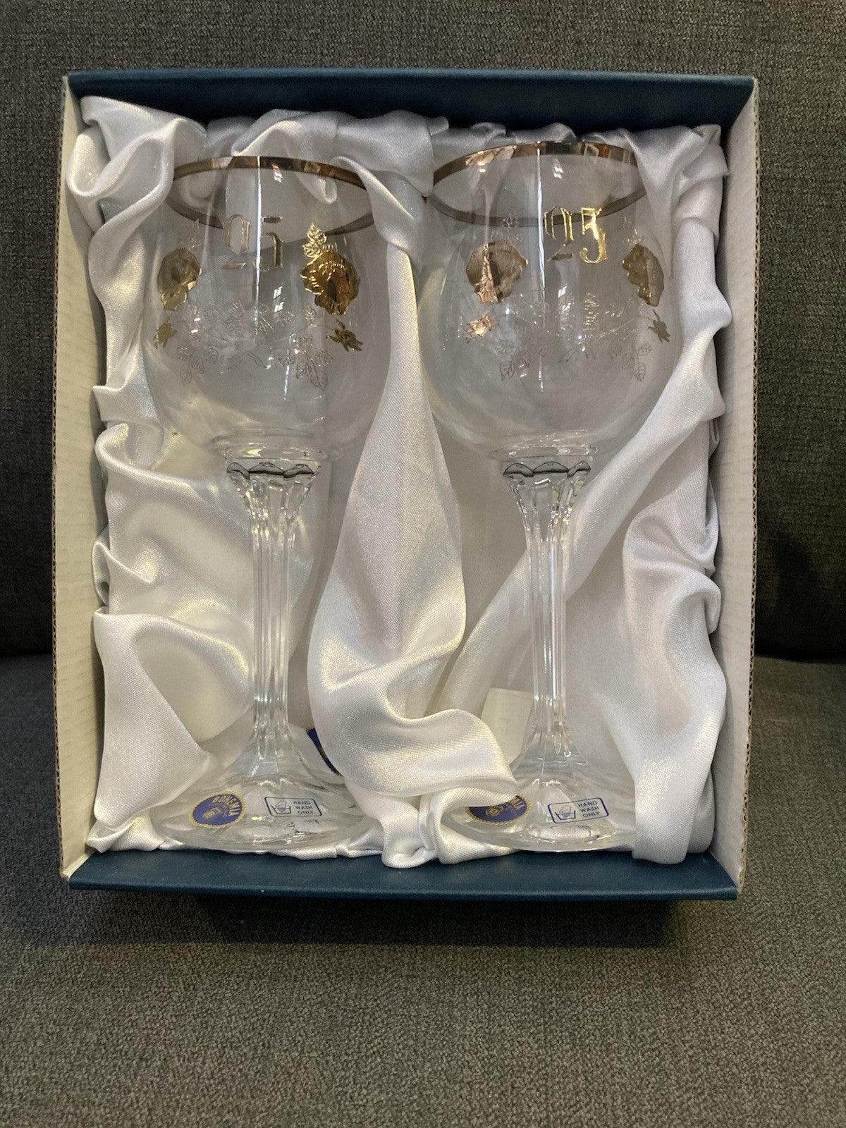 Bohemia Crystalex 25th Anniversary Wine Glasses – Gift Boxed Pair – Unused