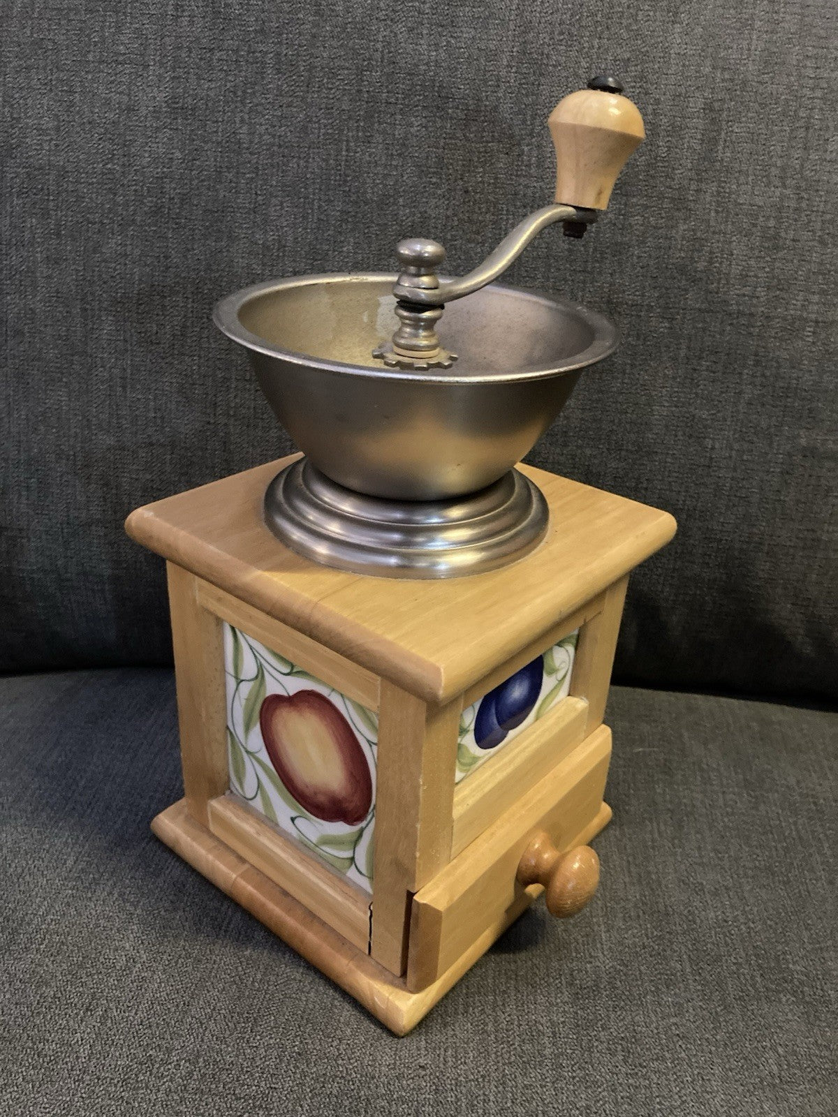 David Birch Vintage Coffee Grinder – Wooden Body, Metal Bowl & Crank, Fruit Tile