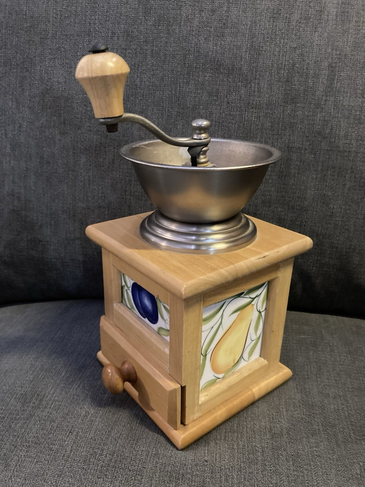 David Birch Vintage Coffee Grinder – Wooden Body, Metal Bowl & Crank, Fruit Tile